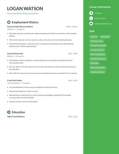 Seasonal Sales Representative Resume