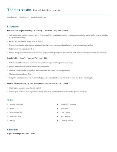 Seasonal Sales Representative Resume