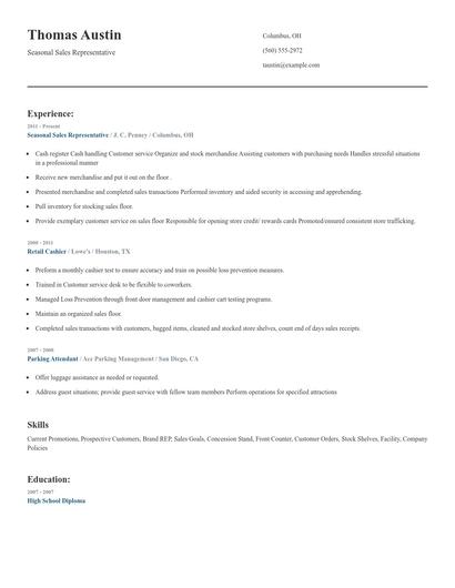 Seasonal Sales Representative Resume