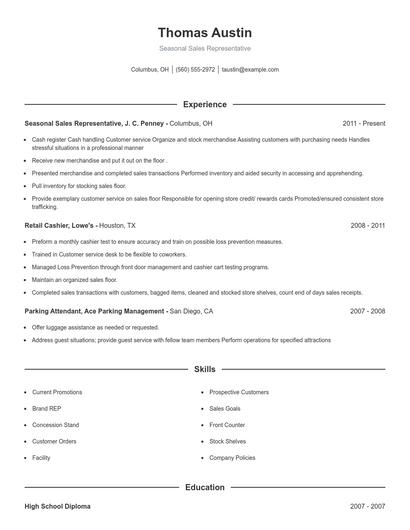 Seasonal Sales Representative Resume