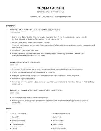 Seasonal Sales Representative Resume