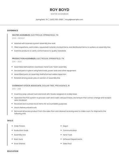 Seater Assembler Resume