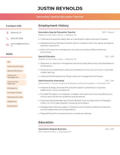 Secondary Special Education Teacher Resume