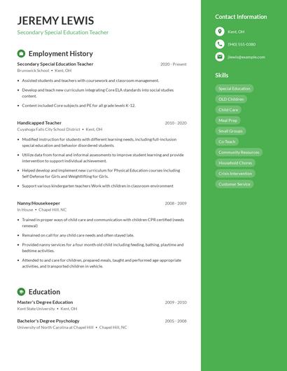 Secondary Special Education Teacher Resume