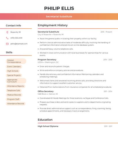 Secretarial Substitute Resume