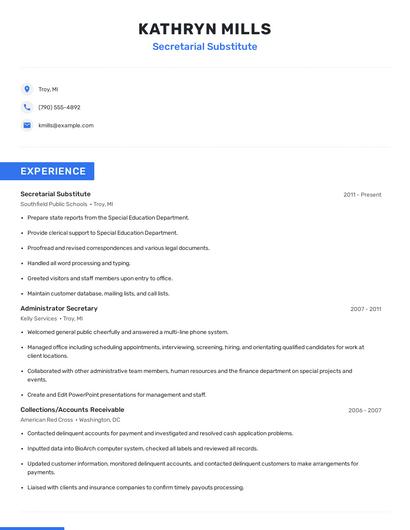 Secretarial Substitute Resume