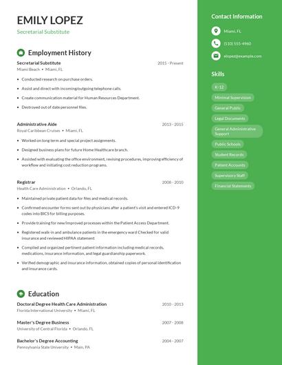 Secretarial Substitute Resume