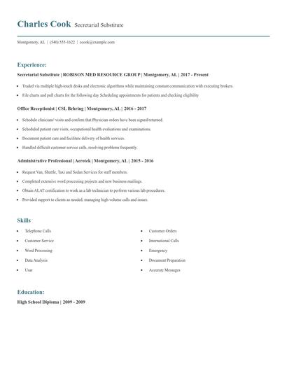 Secretarial Substitute Resume