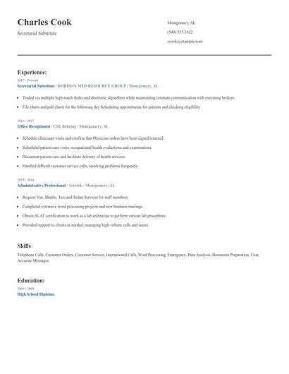 Secretarial Substitute Resume