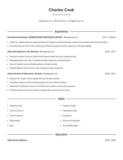 Secretarial Substitute Resume