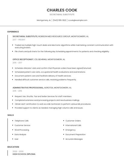 Secretarial Substitute Resume