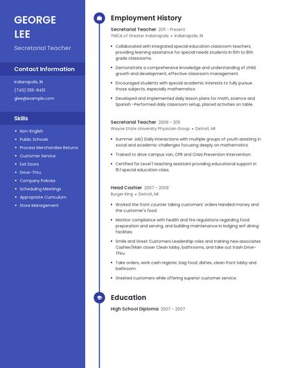 Secretarial Teacher Resume