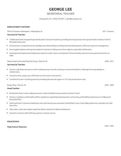 Secretarial Teacher Resume