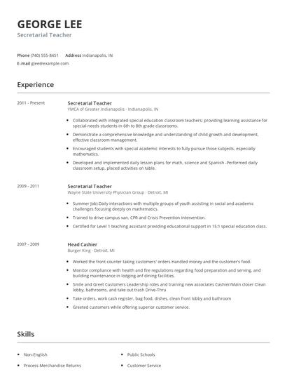 Secretarial Teacher Resume