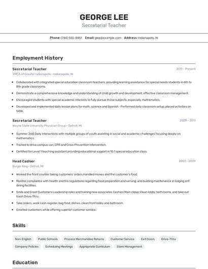 Secretarial Teacher Resume