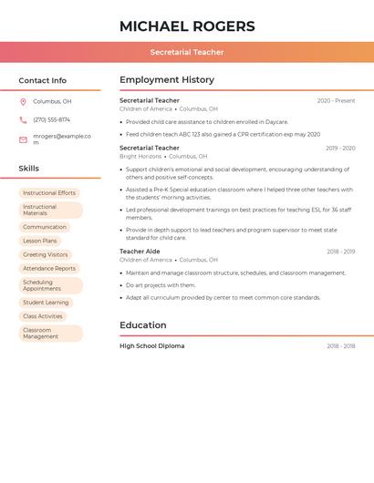 Secretarial Teacher Resume