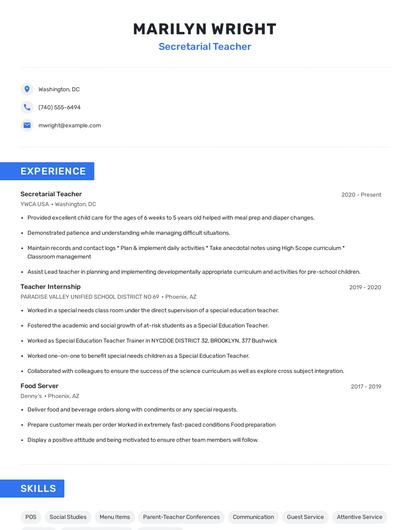 Secretarial Teacher Resume