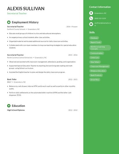 Secretarial Teacher Resume