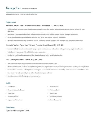 Secretarial Teacher Resume