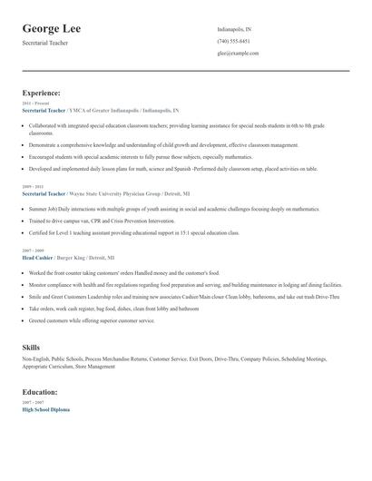 Secretarial Teacher Resume