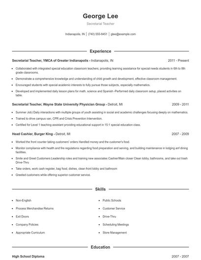 Secretarial Teacher Resume