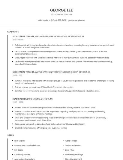 Secretarial Teacher Resume