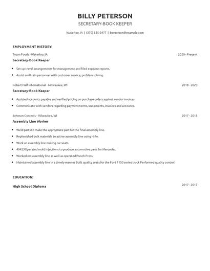 Secretary-Book Keeper Resume