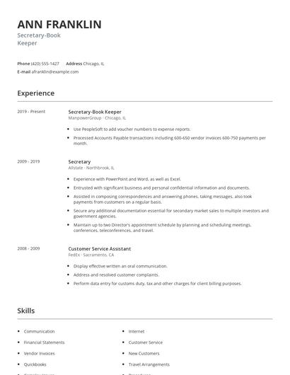Secretary-Book Keeper Resume