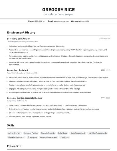 Secretary-Book Keeper Resume