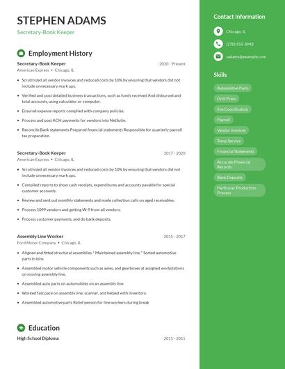 Secretary-Book Keeper Resume