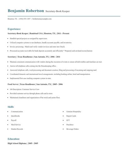 Secretary-Book Keeper Resume