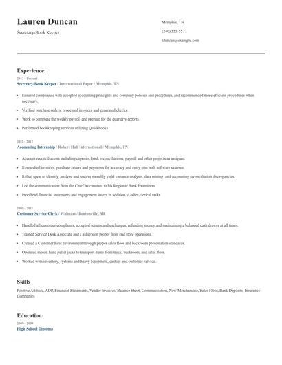 Secretary-Book Keeper Resume