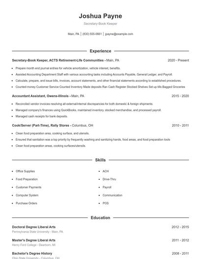 Secretary-Book Keeper Resume