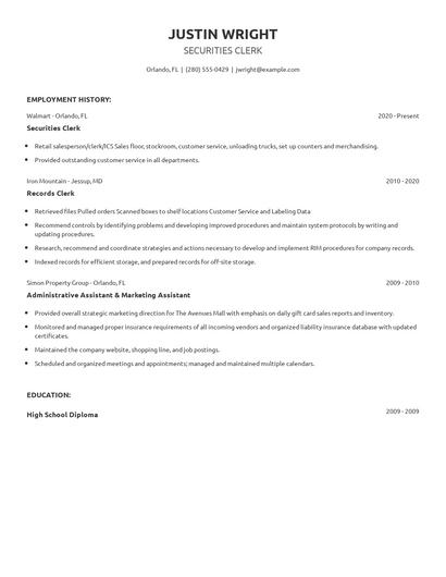 Securities Clerk Resume