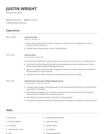 Securities Clerk Resume