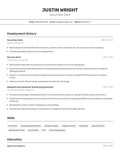 Securities Clerk Resume