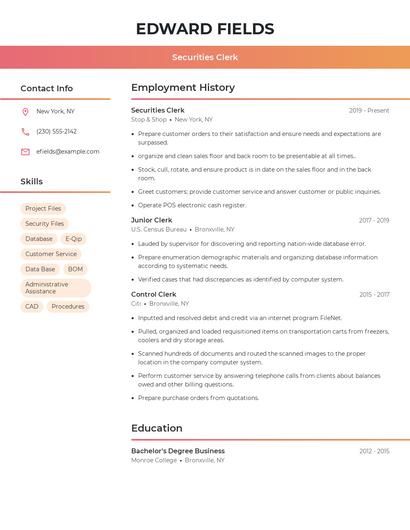 Securities Clerk Resume