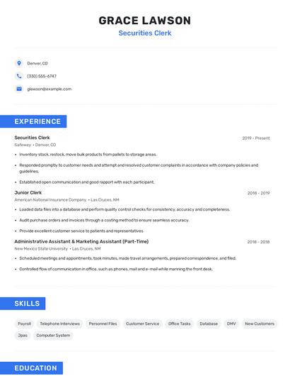 Securities Clerk Resume