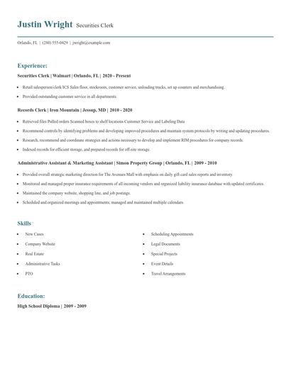 Securities Clerk Resume