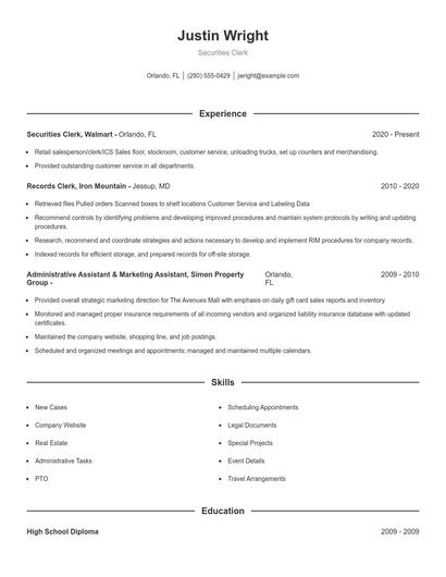 Securities Clerk Resume