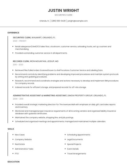 Securities Clerk Resume