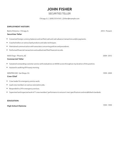 Securities Teller Resume