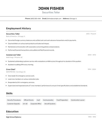 Securities Teller Resume