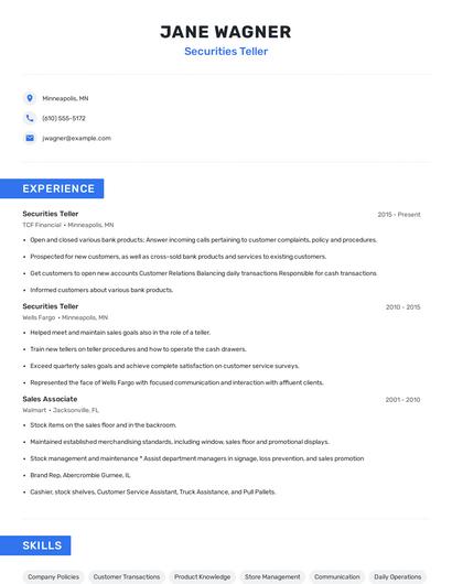 Securities Teller Resume