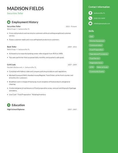 Securities Teller Resume