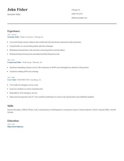 Securities Teller Resume