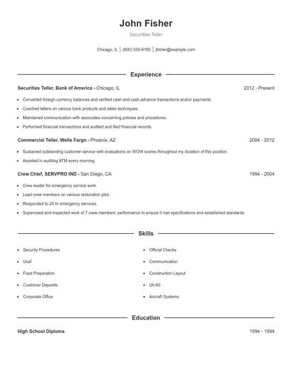 Securities Teller Resume