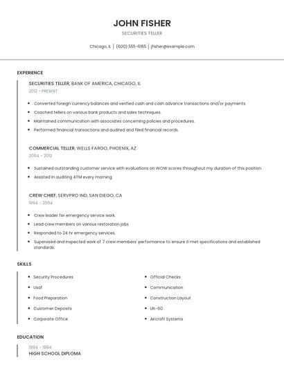 Securities Teller Resume