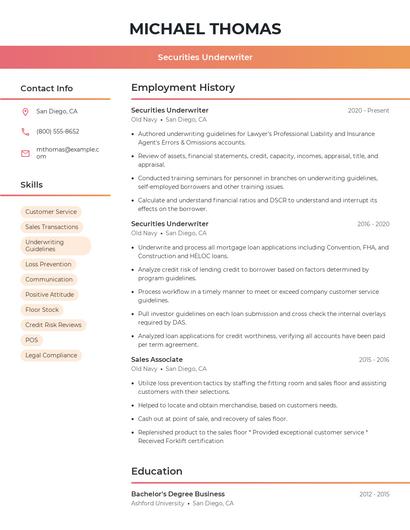 Securities Underwriter Resume