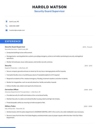 Security Guard Supervisor Resume